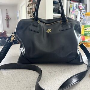 Tory Burch Black Leather Shoulder Bag with Gold Accents